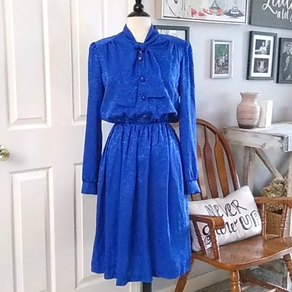 Vintage 80's Silky Royal Blue Secretary Dress Bow